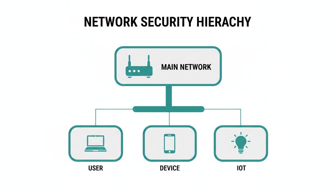 Diagram illustrating network security hierarchy with a main network connected to user, device, and IoT.