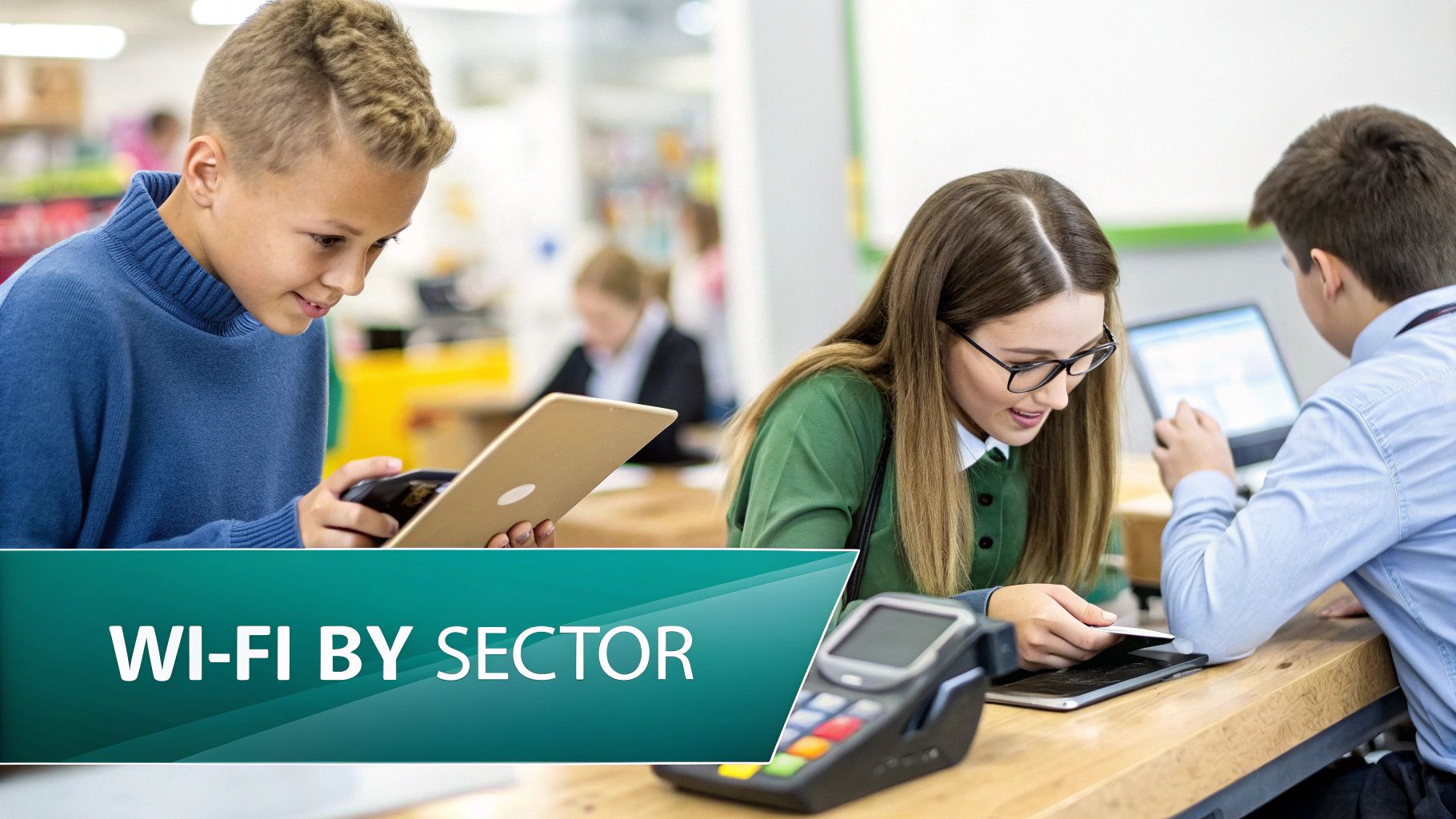 Three young people using tablets and a payment terminal in a modern, Wi-Fi connected setting.