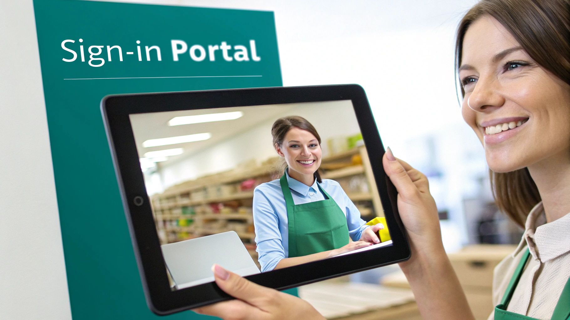 A stylized graphic of a Wi-Fi symbol with people icons around it, representing network connectivity in a retail setting.