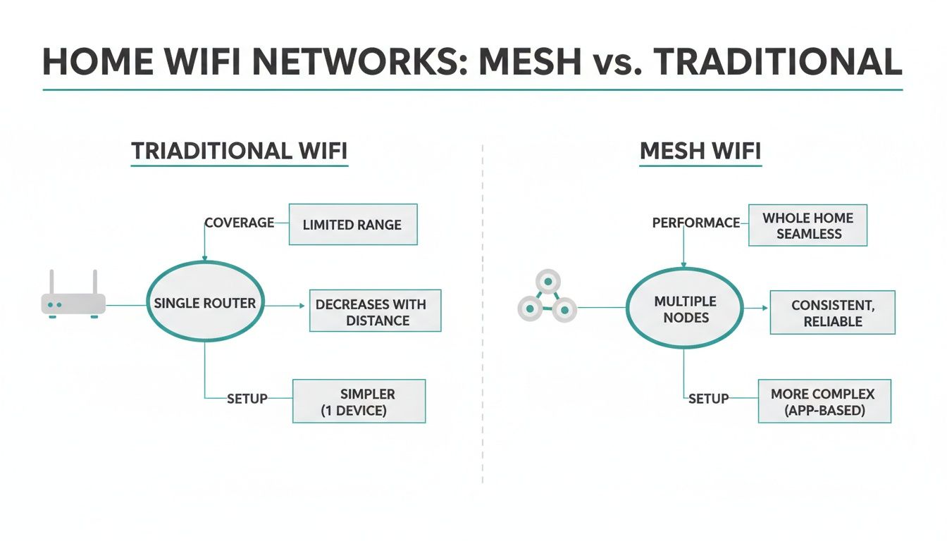 Diagram comparing Traditional WiFi with a single router to Mesh WiFi with multiple nodes for whole home coverage.