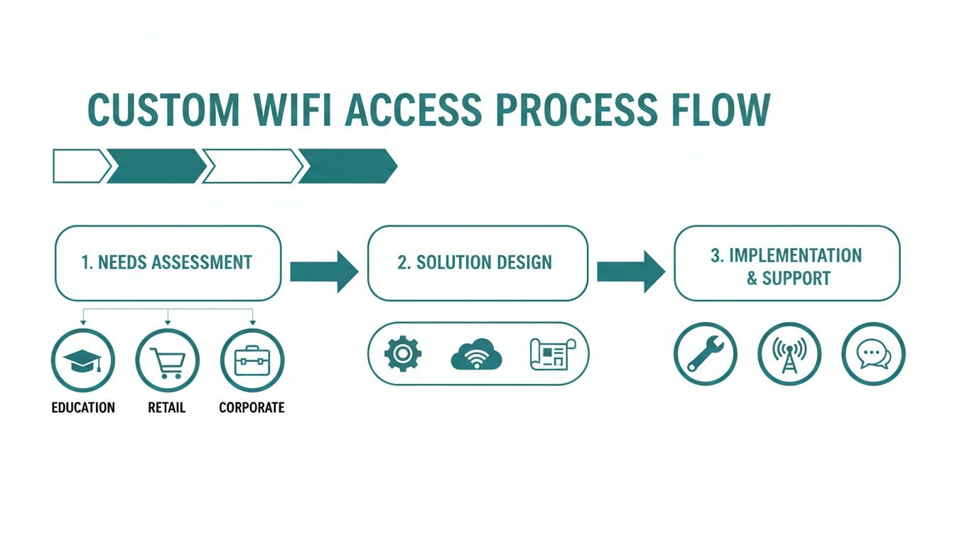 Flowchart illustrating the custom WiFi access process: needs assessment, solution design, and implementation with support.