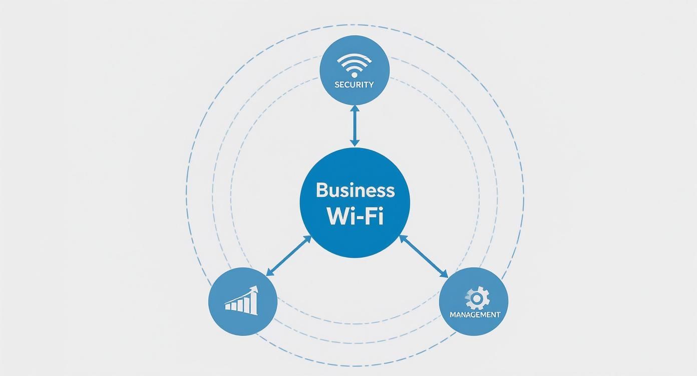 Diagram showing Business Wi-Fi connected to security, management, and performance pillars.