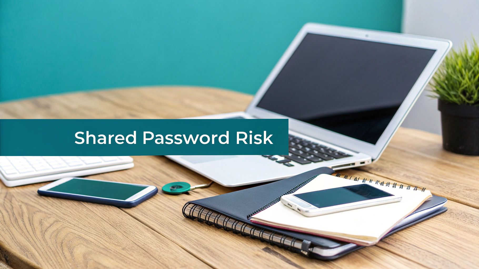 A modern workspace with a laptop, smartphones, and notebooks, highlighting 'Shared Password Risk'.