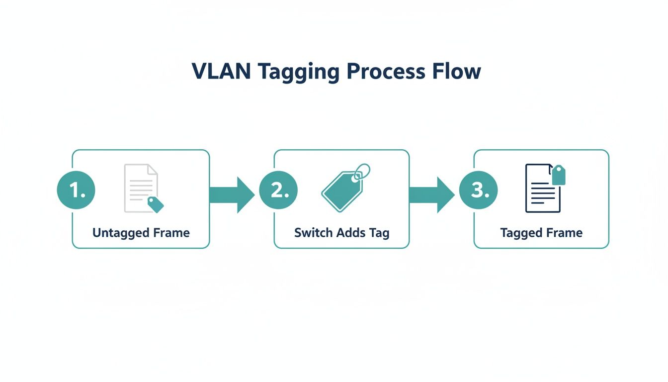 Process flow diagram illustrating VLAN tagging: untagged frame, switch adds tag, resulting in a tagged frame.