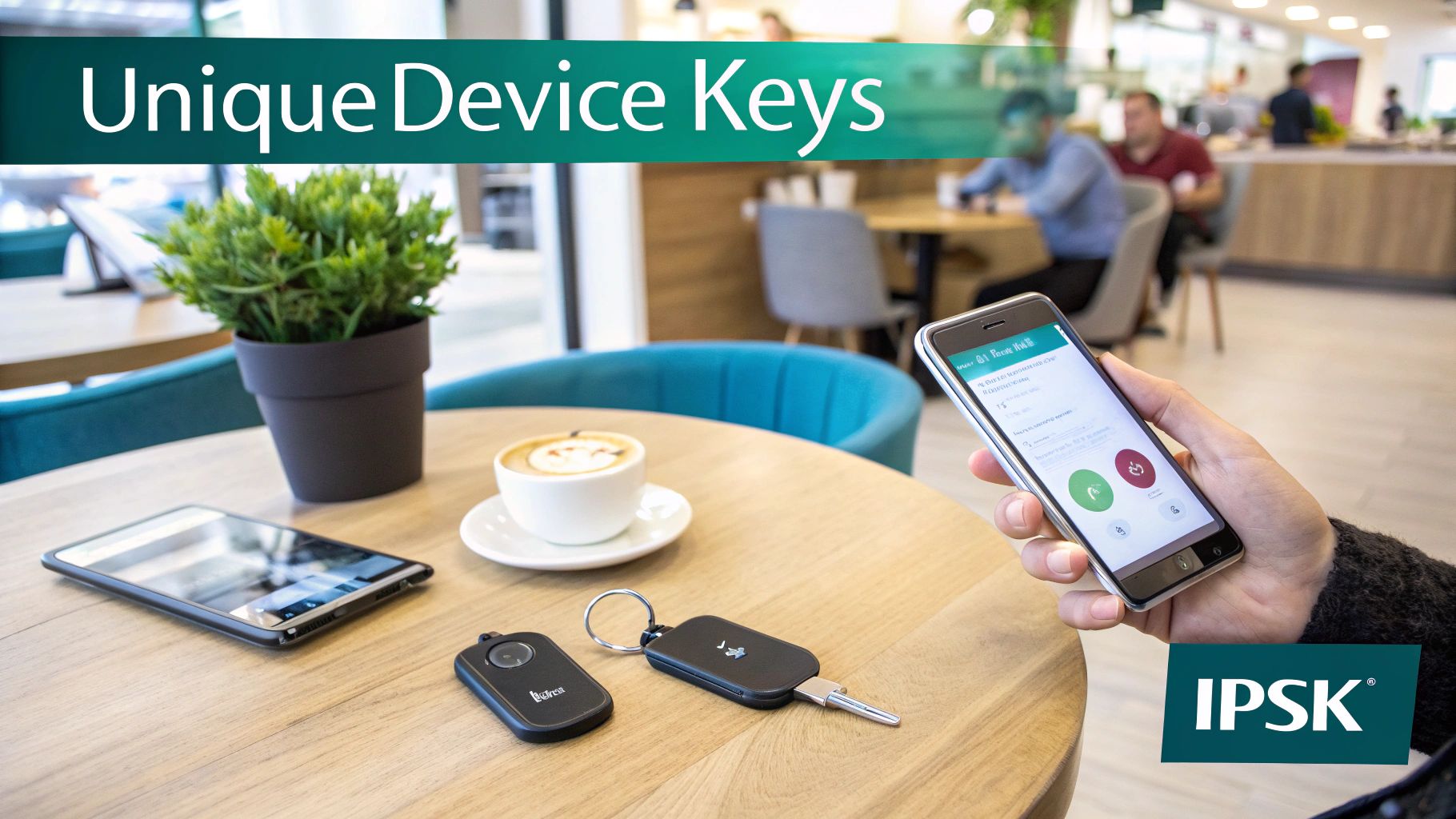 Smartphone app displaying access control buttons, with smart key fobs and a tablet on a cafe table.