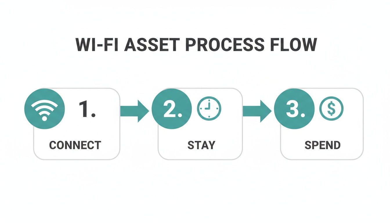 A process flow diagram illustrating Wi-Fi asset engagement with steps: connect, stay, and spend.