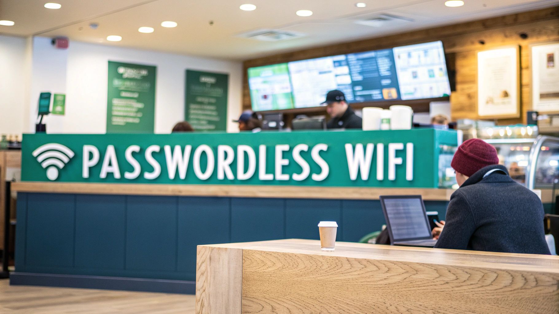 A person works on a laptop at a cafe counter with a 'Passwordless Wifi' sign in the background.