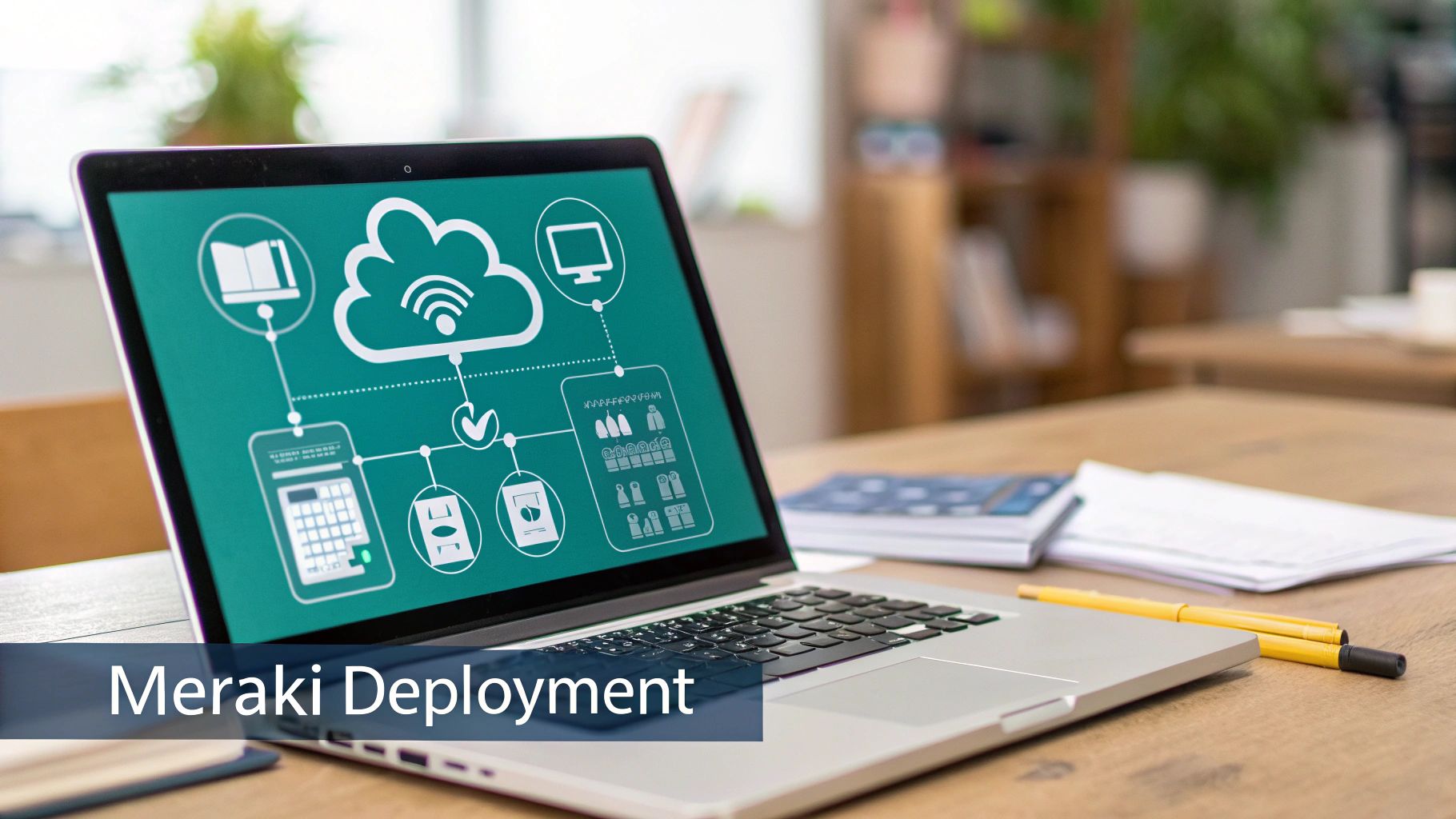 A laptop screen displays a network diagram showing cloud, devices, and Meraki deployment processes.