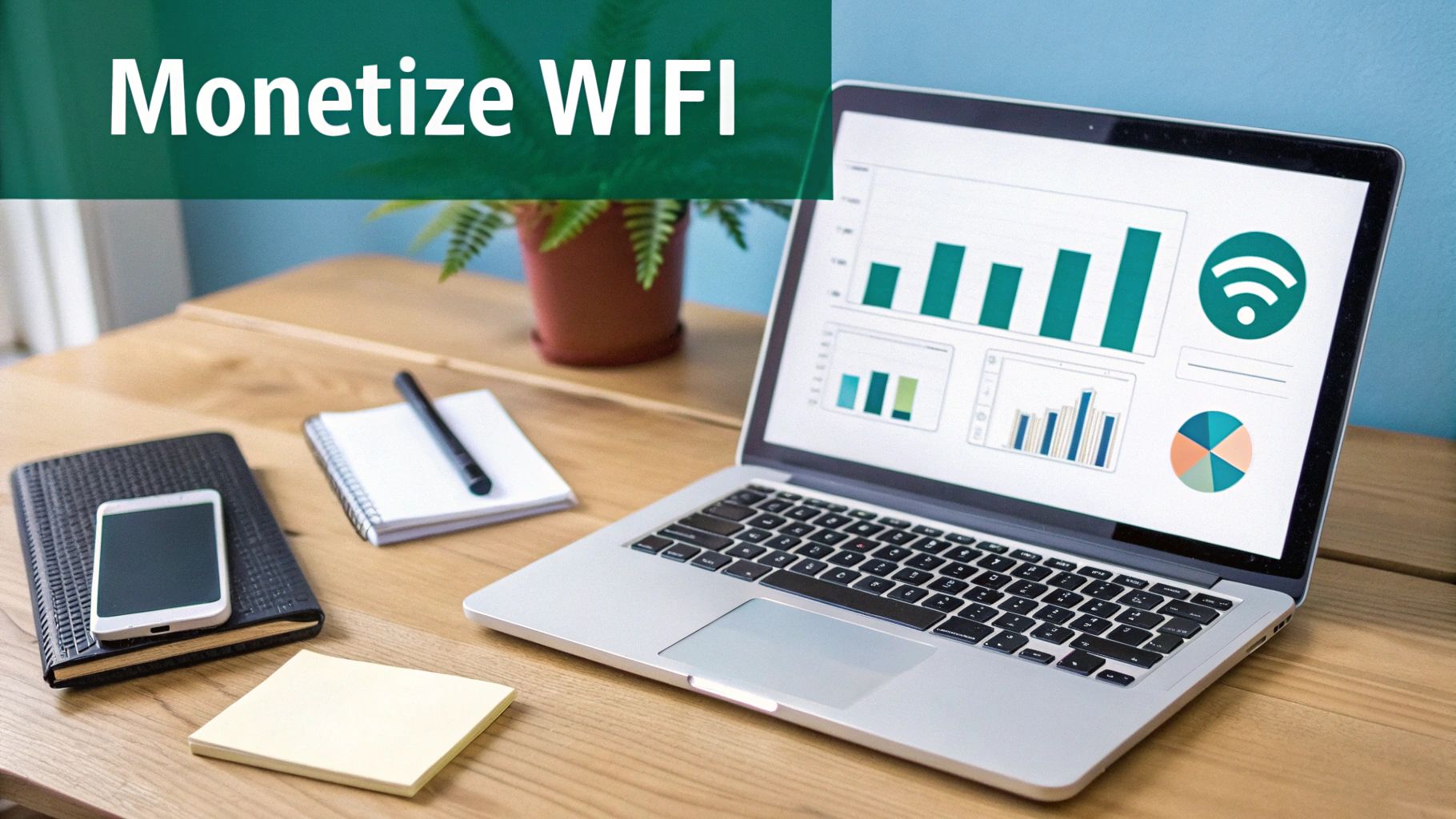 An office desk with a laptop displaying charts, a WiFi icon, and 'Monetize WIFI' text.