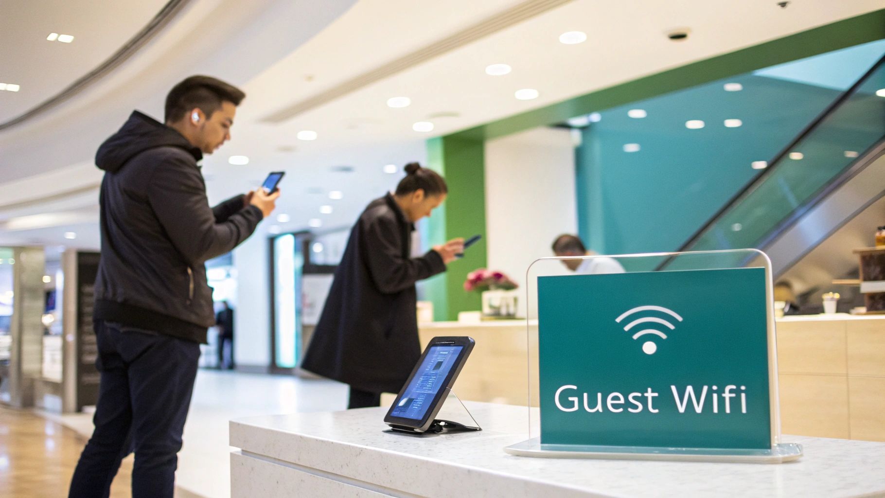 People using smartphones in a public area with a prominent 'Guest Wifi' sign.