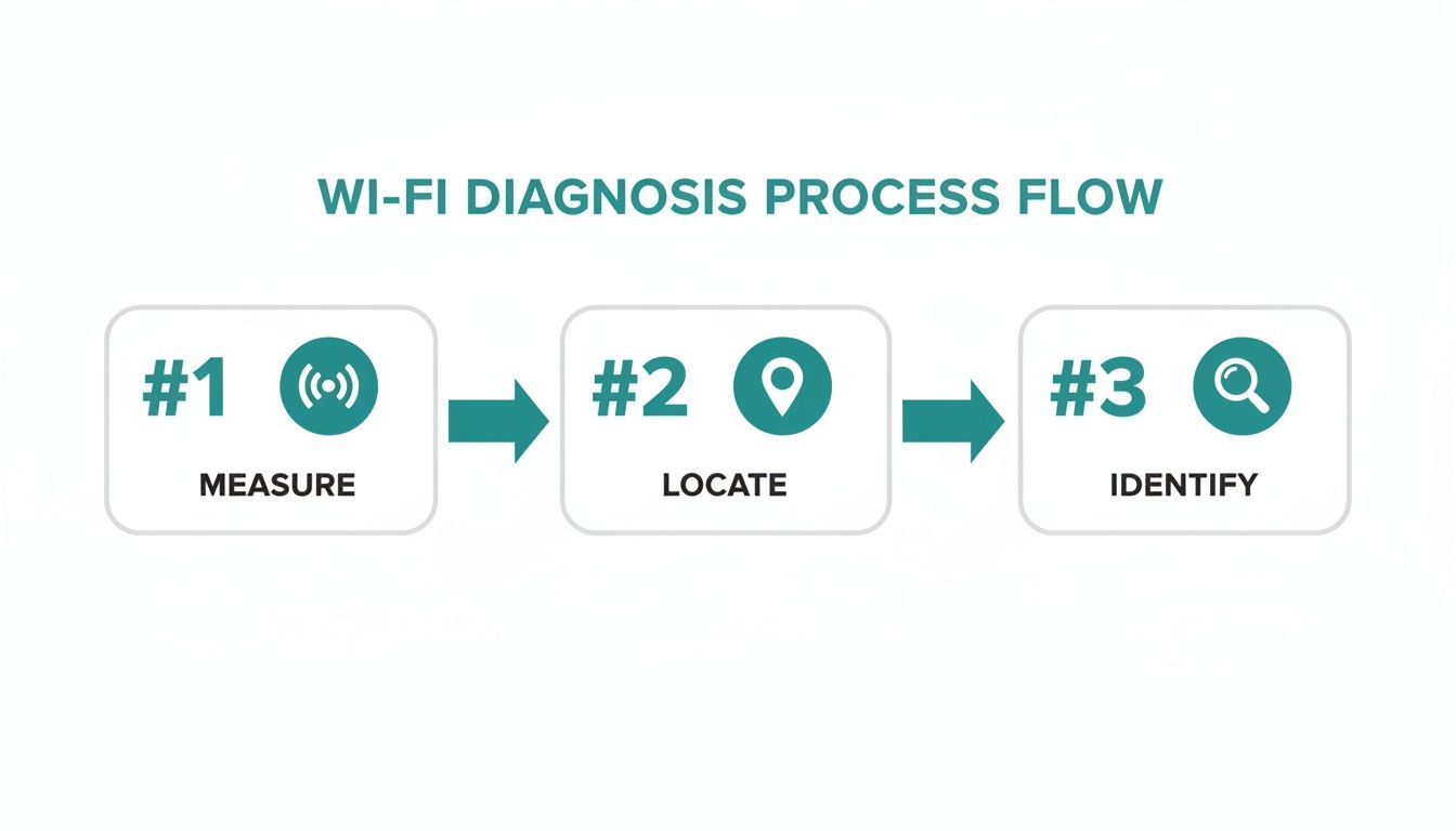 Flowchart illustrating a three-step Wi-Fi diagnosis process: Measure, Locate, and Identify.