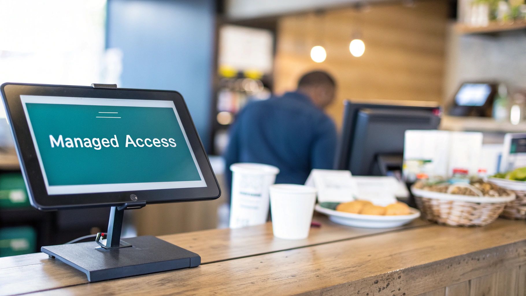Modern point of sale system displaying managed access screen on cafe counter with food items