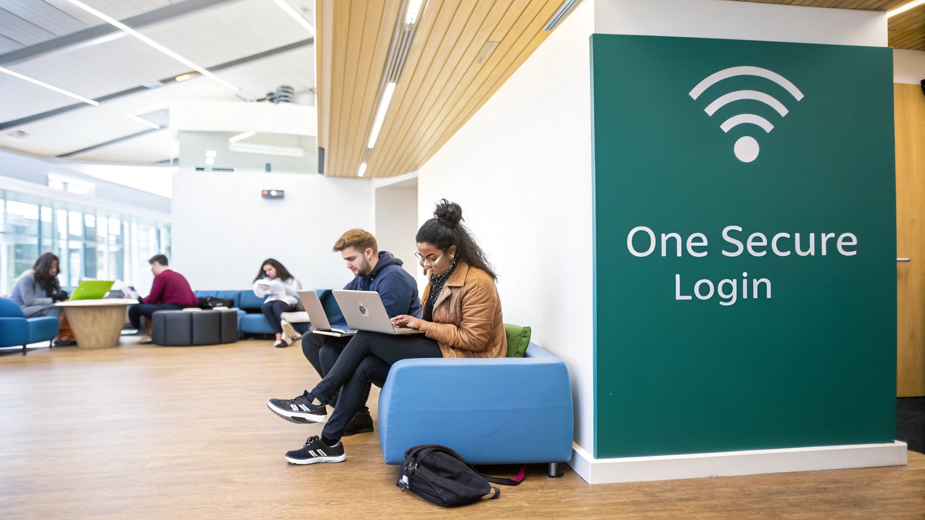 Diverse students use laptops in a modern study lounge with a 'One Secure Login' Wi-Fi sign.