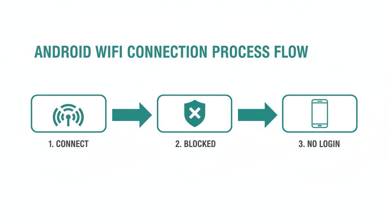 Flowchart illustrating the Android WiFi connection process, showing steps to connect, get blocked, and no login.
