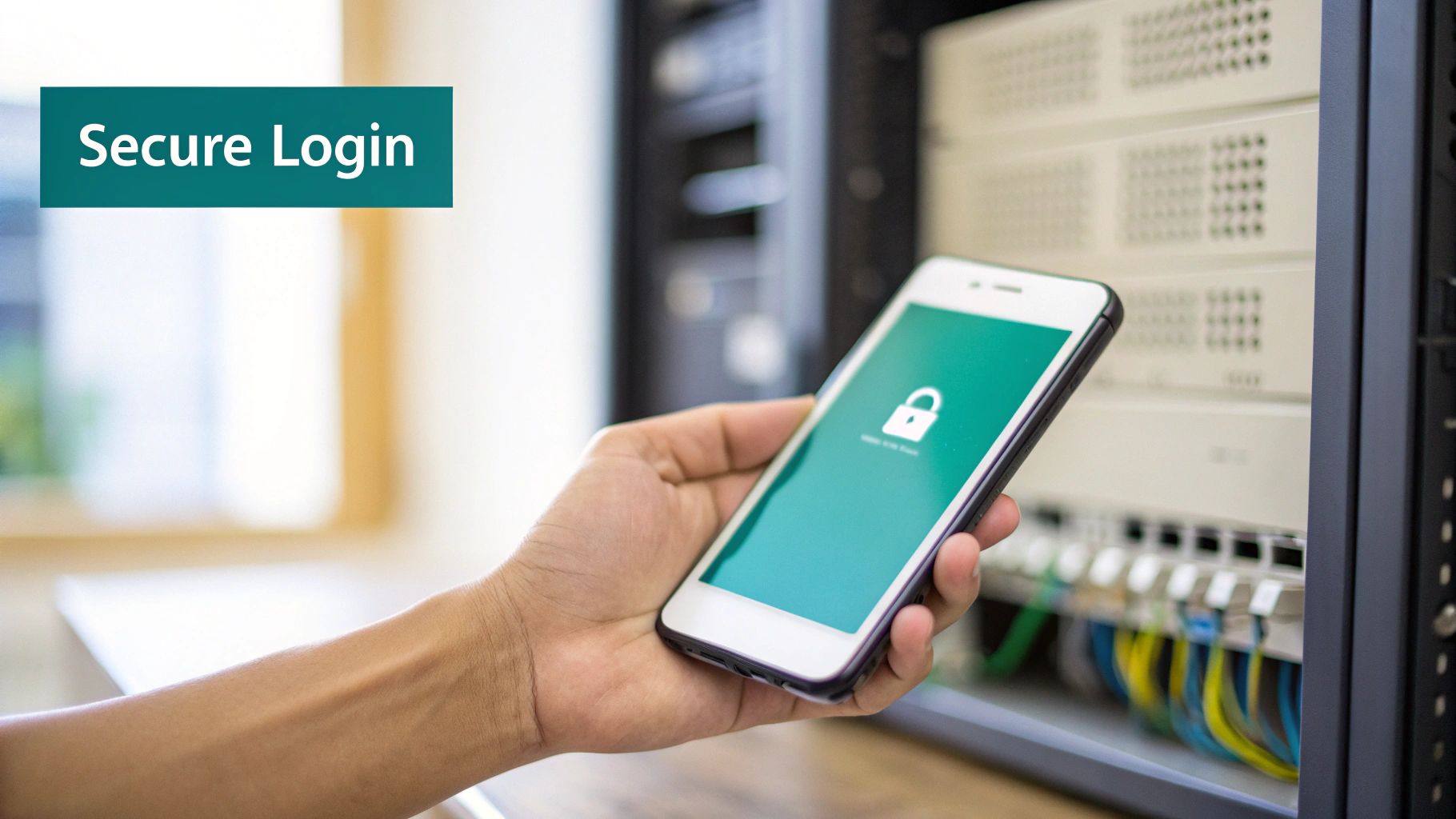 A hand holds a smartphone displaying a lock icon, with server racks in the background and 'Secure Login' text.