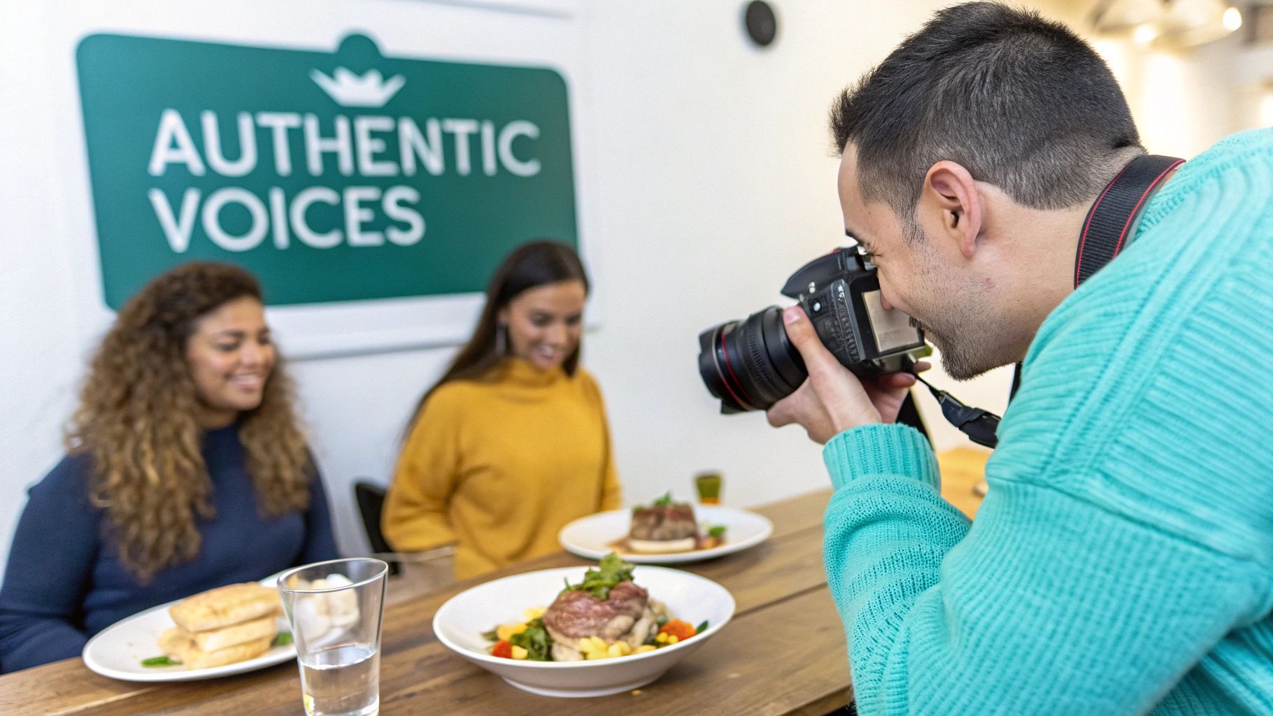 A man uses his phone to log into a guest Wi-Fi network in a modern, well-lit cafe setting.
