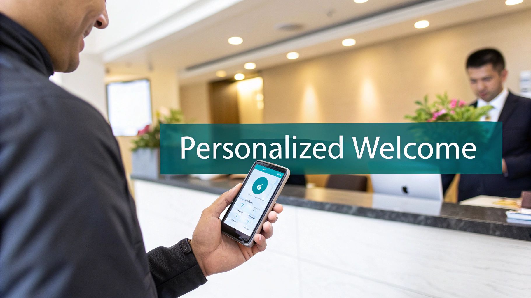 A guest holding a smartphone with a hospitality app, receiving a personalized welcome at a hotel reception.