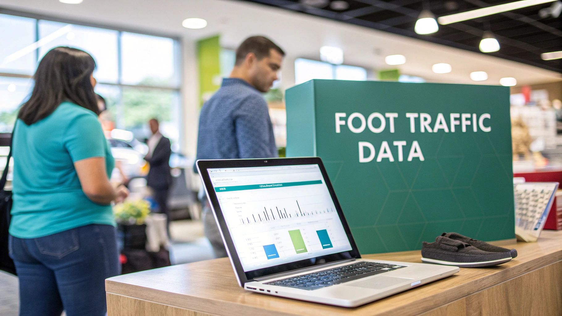 A retail analytics dashboard on a tablet showing foot traffic data, dwell time, and customer demographics.