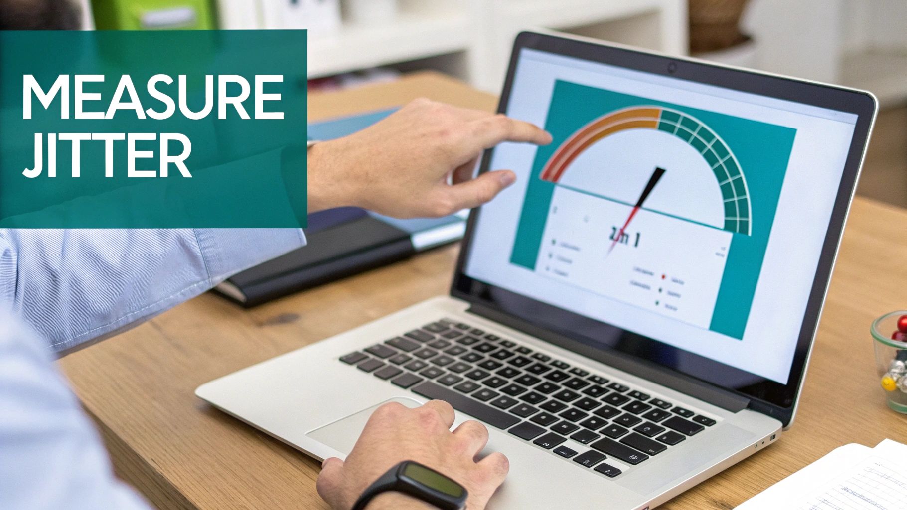 A person is on a laptop, displaying a gauge measuring network performance or jitter.