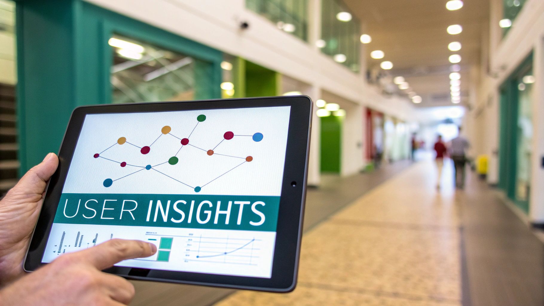 A person holds a tablet displaying 'USER INSIGHTS' with a network diagram and charts.