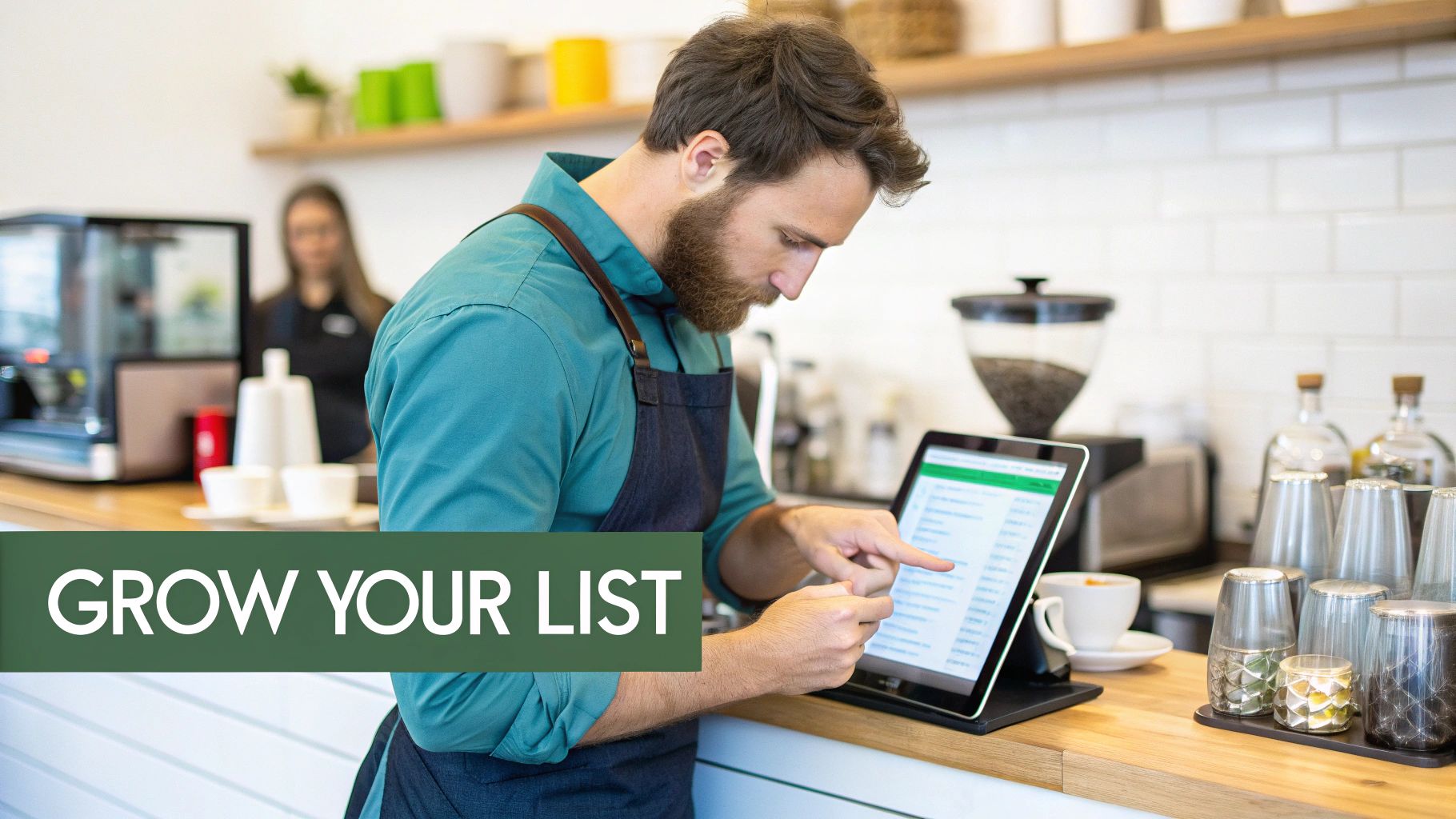 A bearded man in an apron uses a tablet at a coffee shop counter, with "GROW YOUR LIST" text overlay.