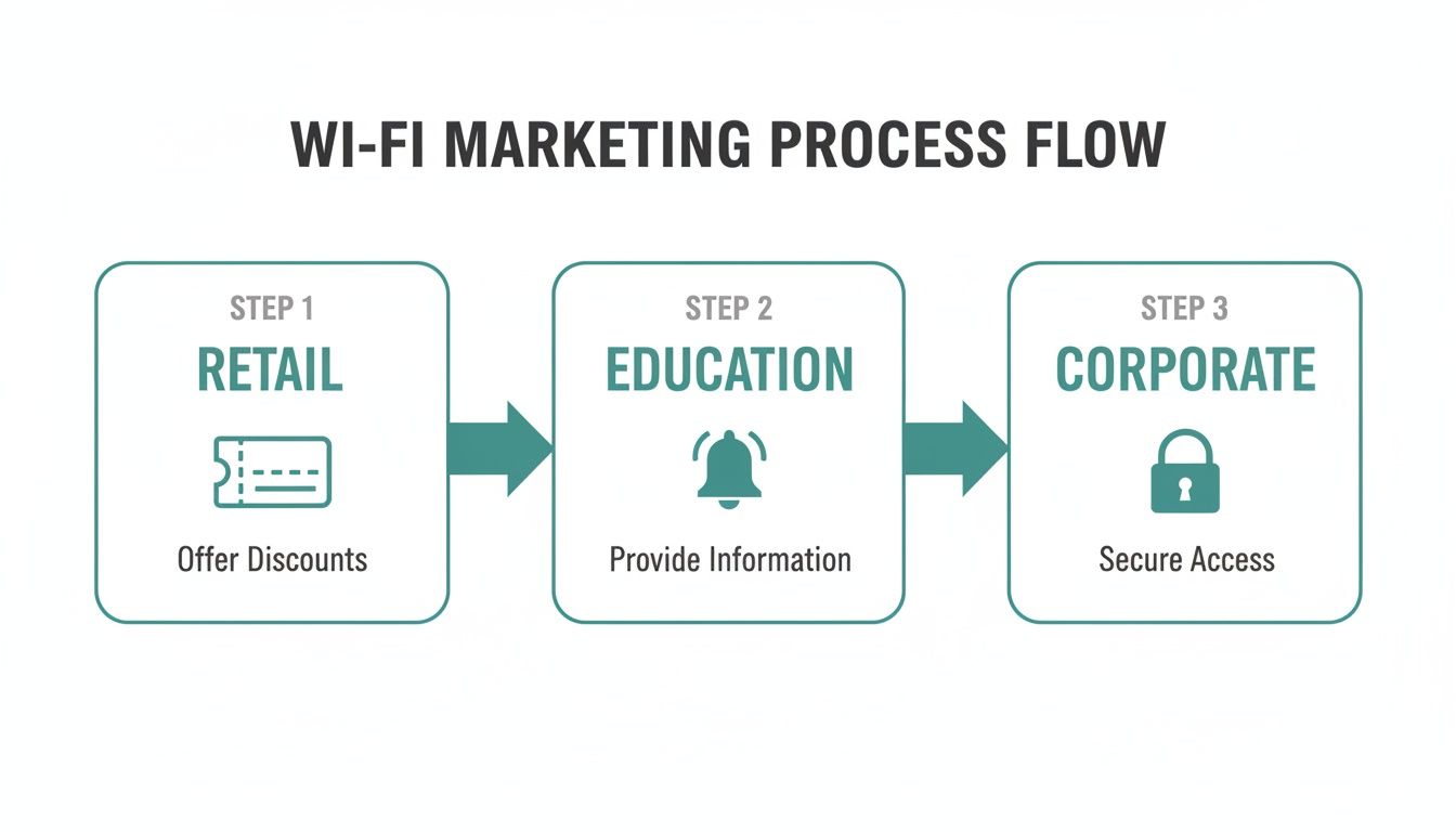 Diagram illustrating the Wi-Fi marketing process flow with steps for retail, education, and corporate applications.