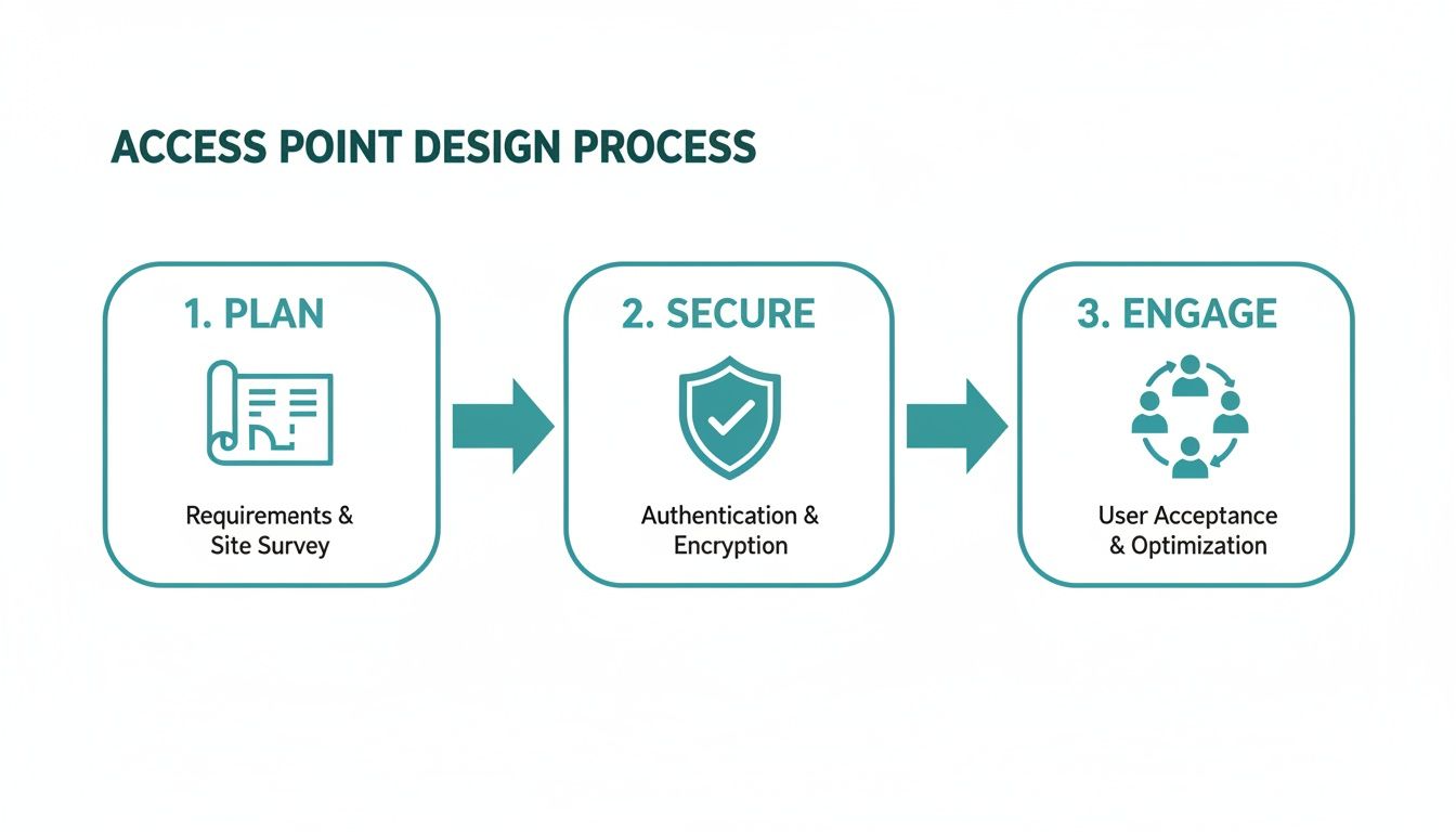 A three-step access point design process: Plan, Secure, and Engage, with related descriptions and icons.