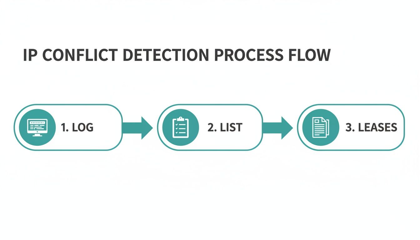 A flowchart illustrating the IP conflict detection process with steps: Log, List, and Leases.