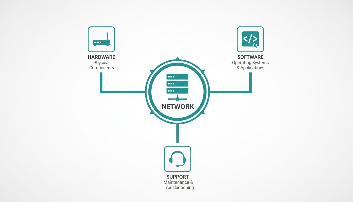 A diagram illustrating network components: hardware, software, and support services connected to a central network.