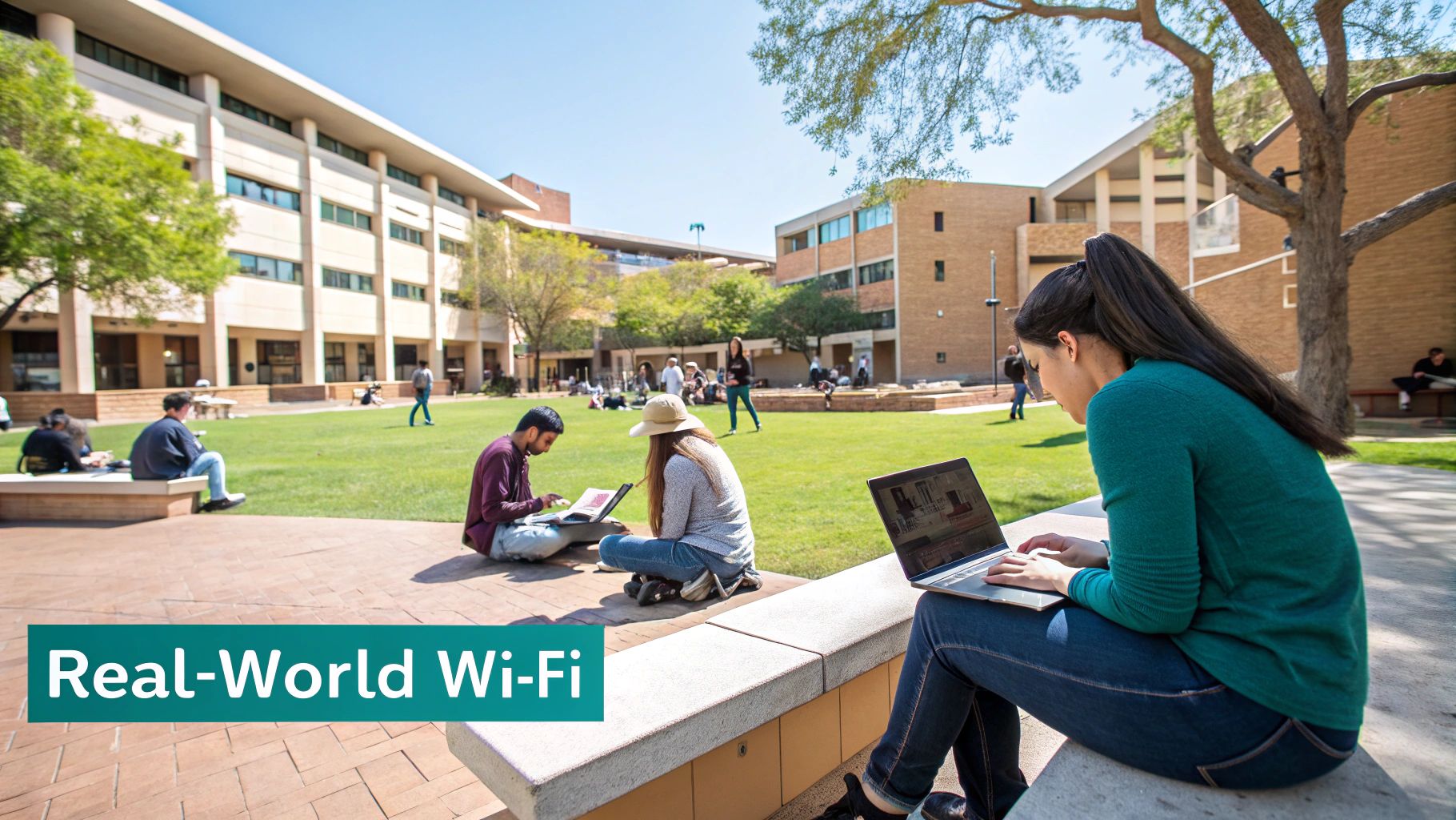 A group of people using Wi-Fi on their devices in a modern, open-plan office space.