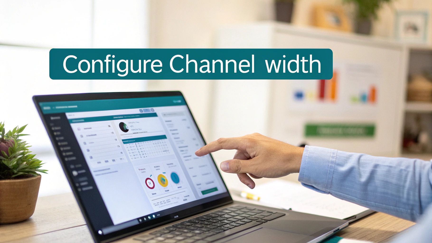 Person pointing at laptop screen displaying analytics dashboard to configure channel width settings