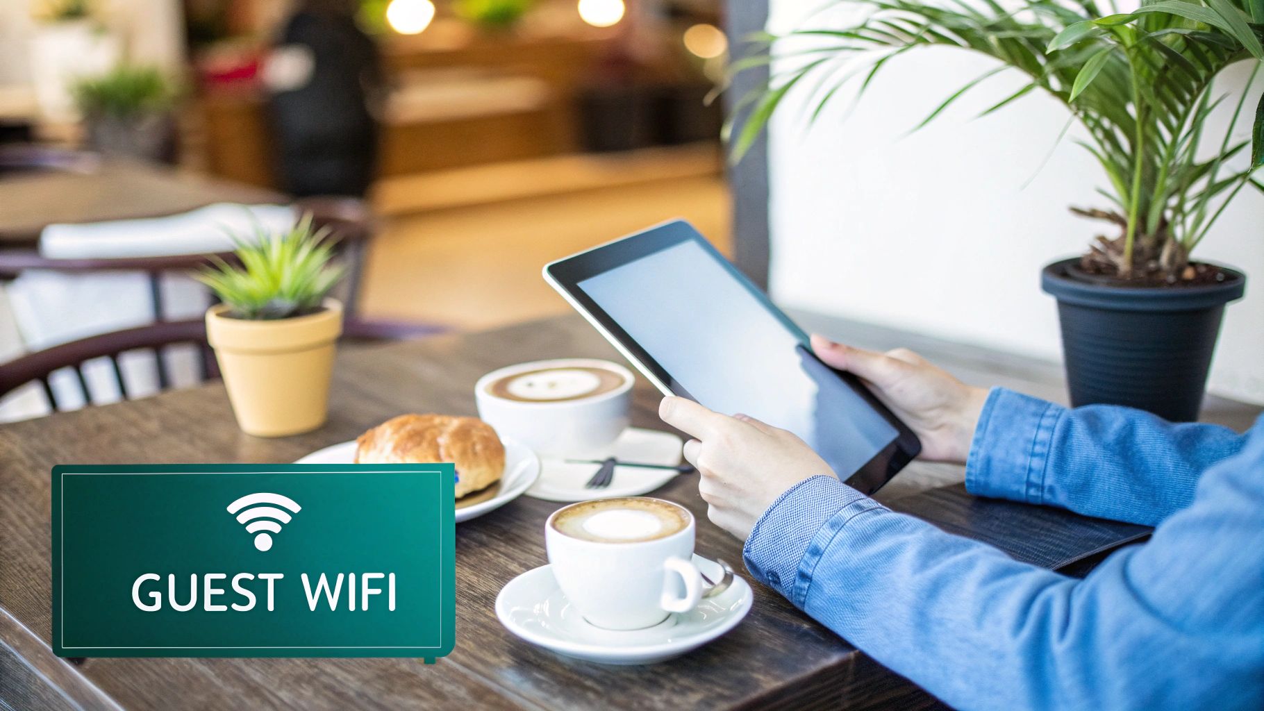 A person using a tablet at a cafe table with coffee, a pastry, and a 'Guest WiFi' sign.