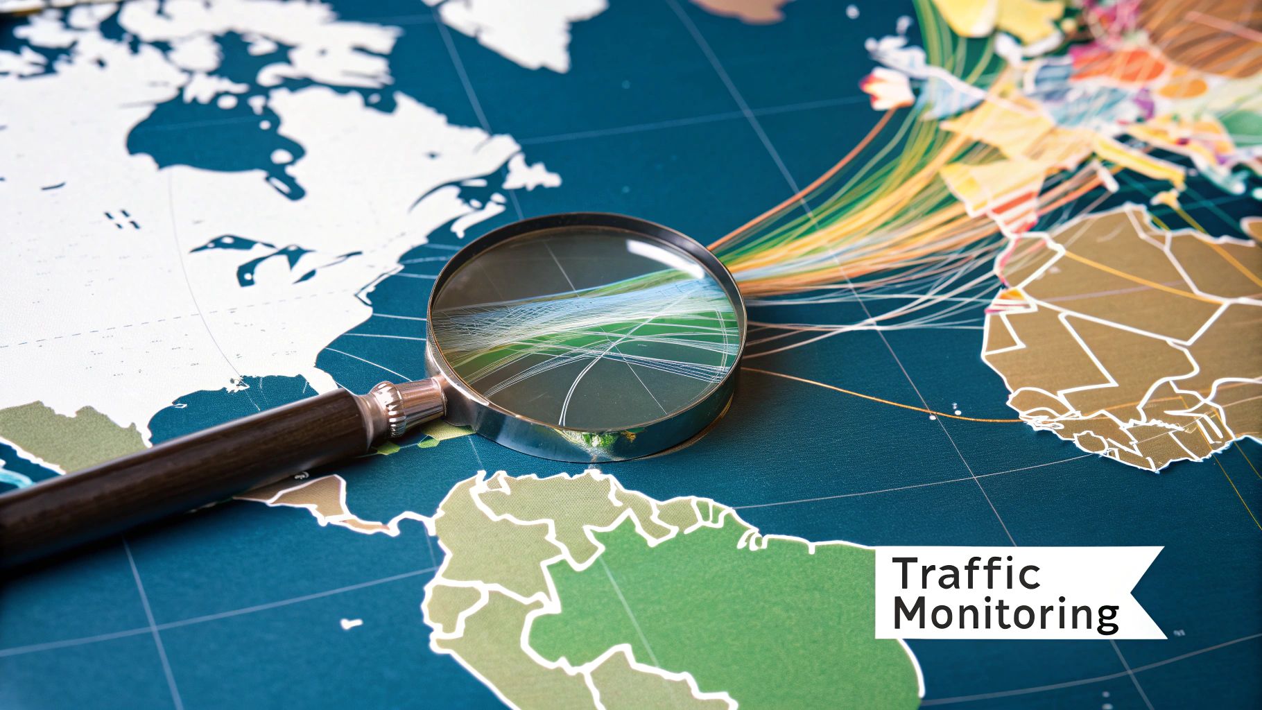 Illustration of network data being analyzed on a dashboard, representing continuous monitoring and traffic analysis.