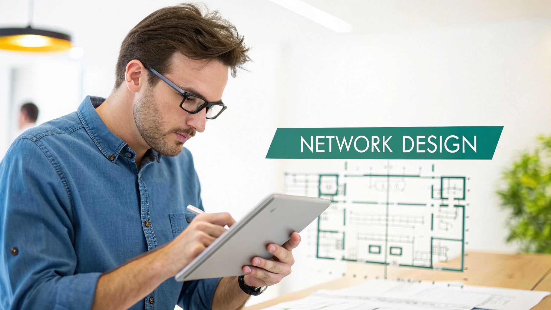 A man in glasses uses a tablet with a stylus, overlaying a network design floor plan.
