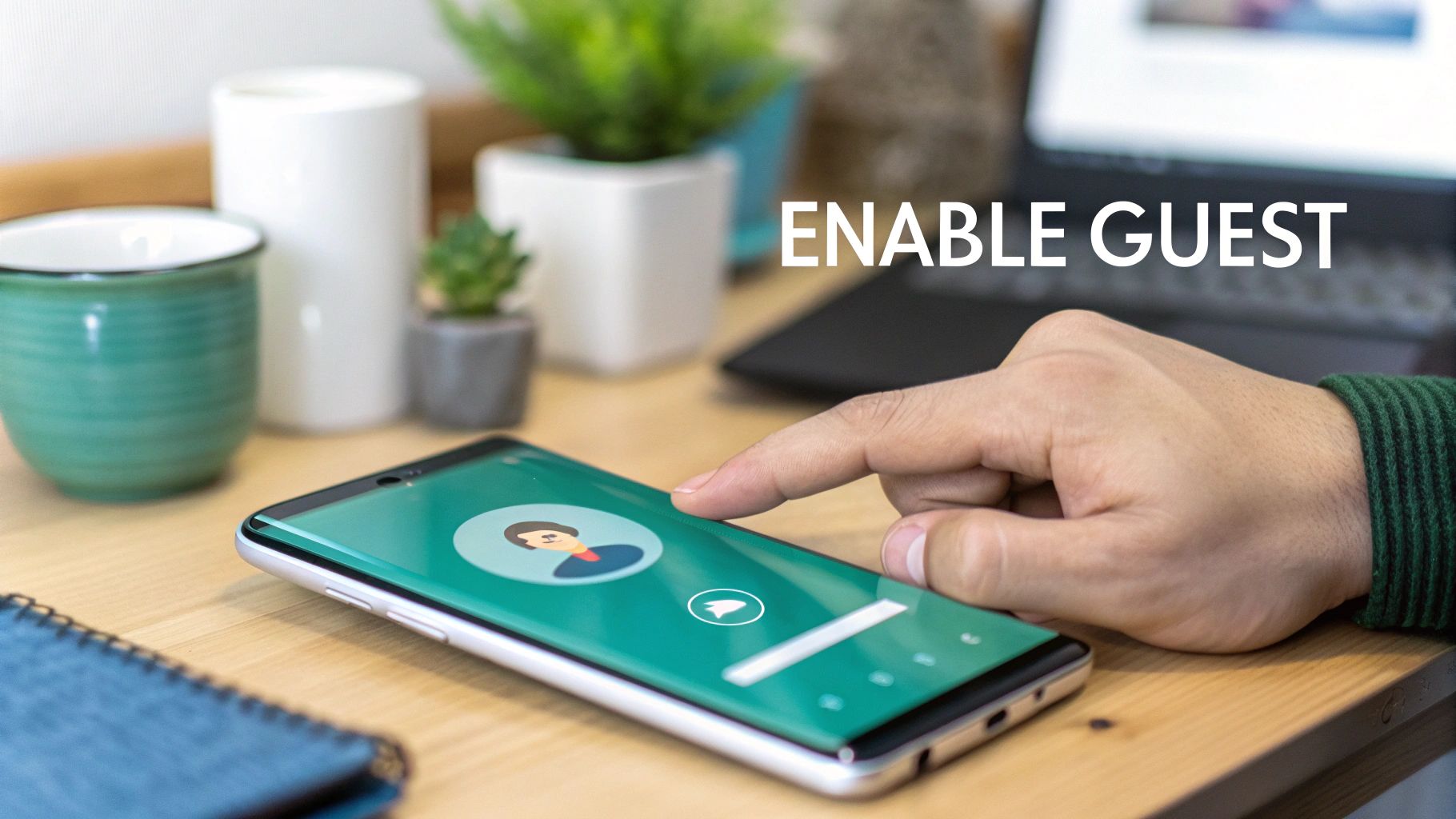 A hand taps a smartphone screen displaying a user avatar, enabling guest mode.