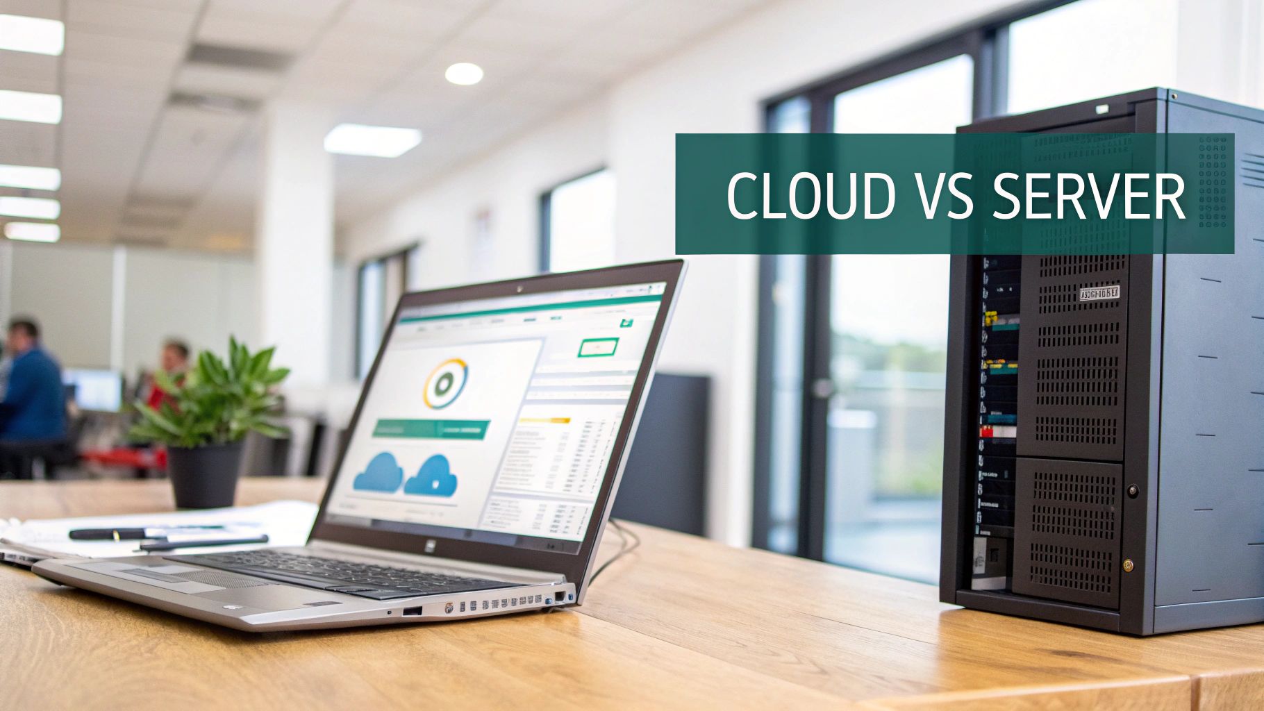 A laptop displaying cloud data and a server rack on an office desk, illustrating 'CLOUD VS SERVER'.