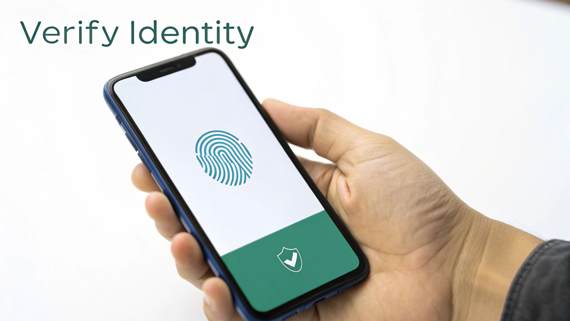 A hand holds a smartphone displaying a fingerprint scan for identity verification.
