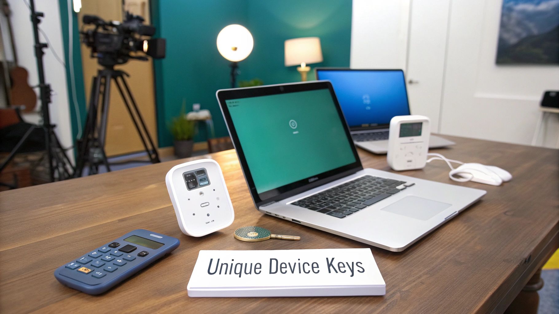 A wooden desk with two laptops, various security devices, a calculator, and a sign displaying 'Unique Device Keys'.