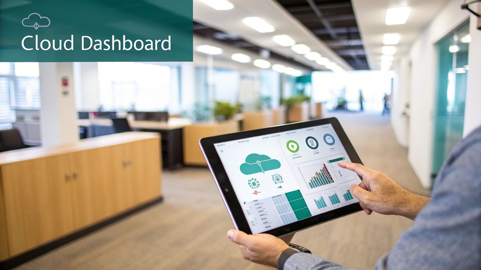 A person views a cloud dashboard with various charts and data on a tablet in an office.