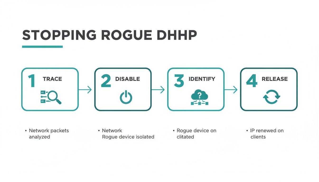 Infographic outlining four steps to stop a rogue DHCP server, including tracing and disabling.