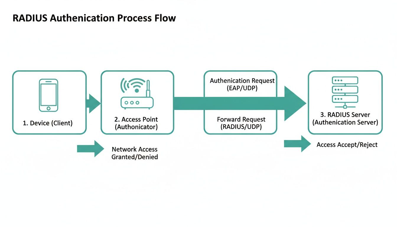 Flowchart illustrating the RADIUS authentication process between a client device, an access point, and a RADIUS server.