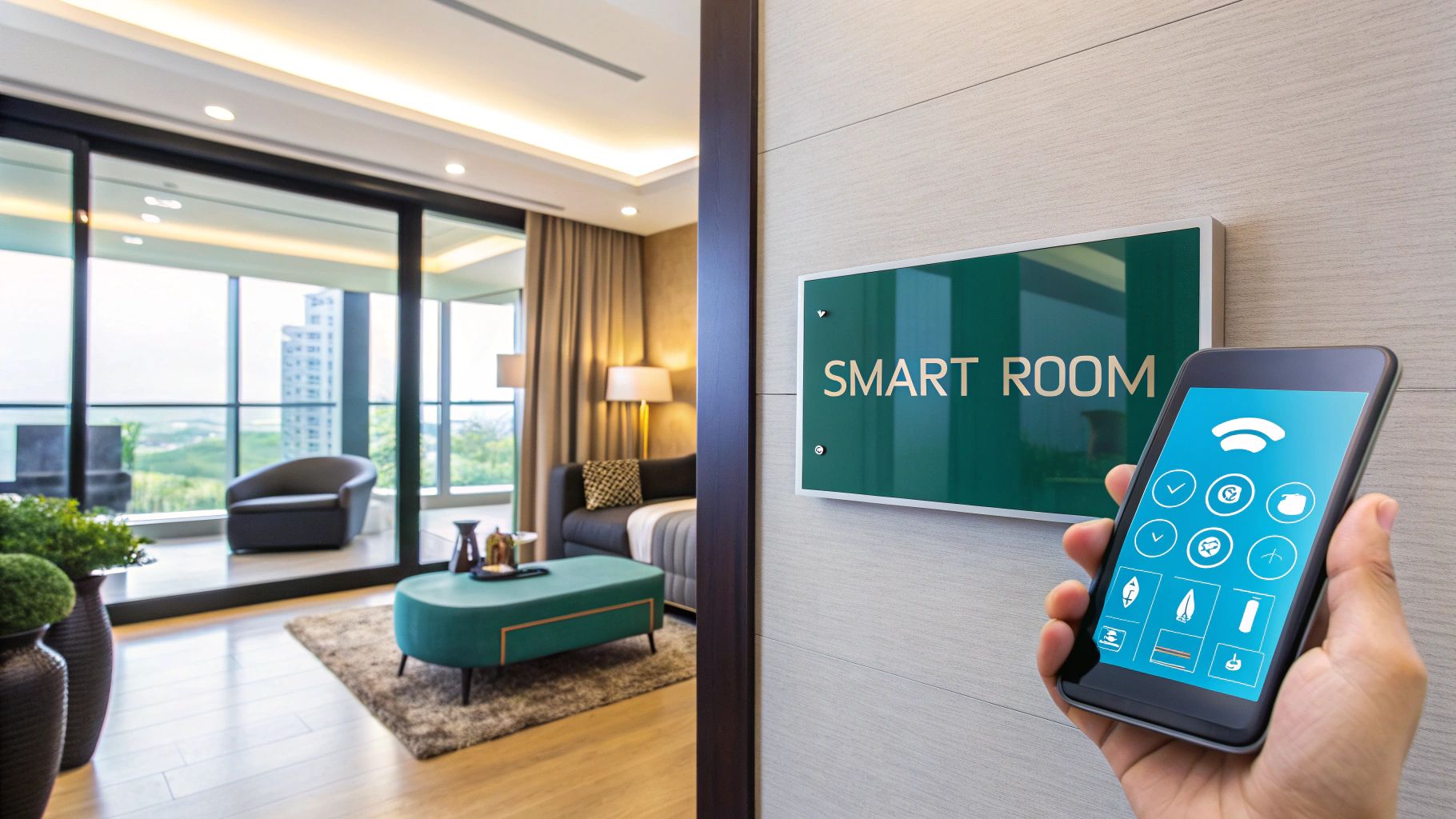 A guest interacting with a smart room tablet to control lighting and temperature