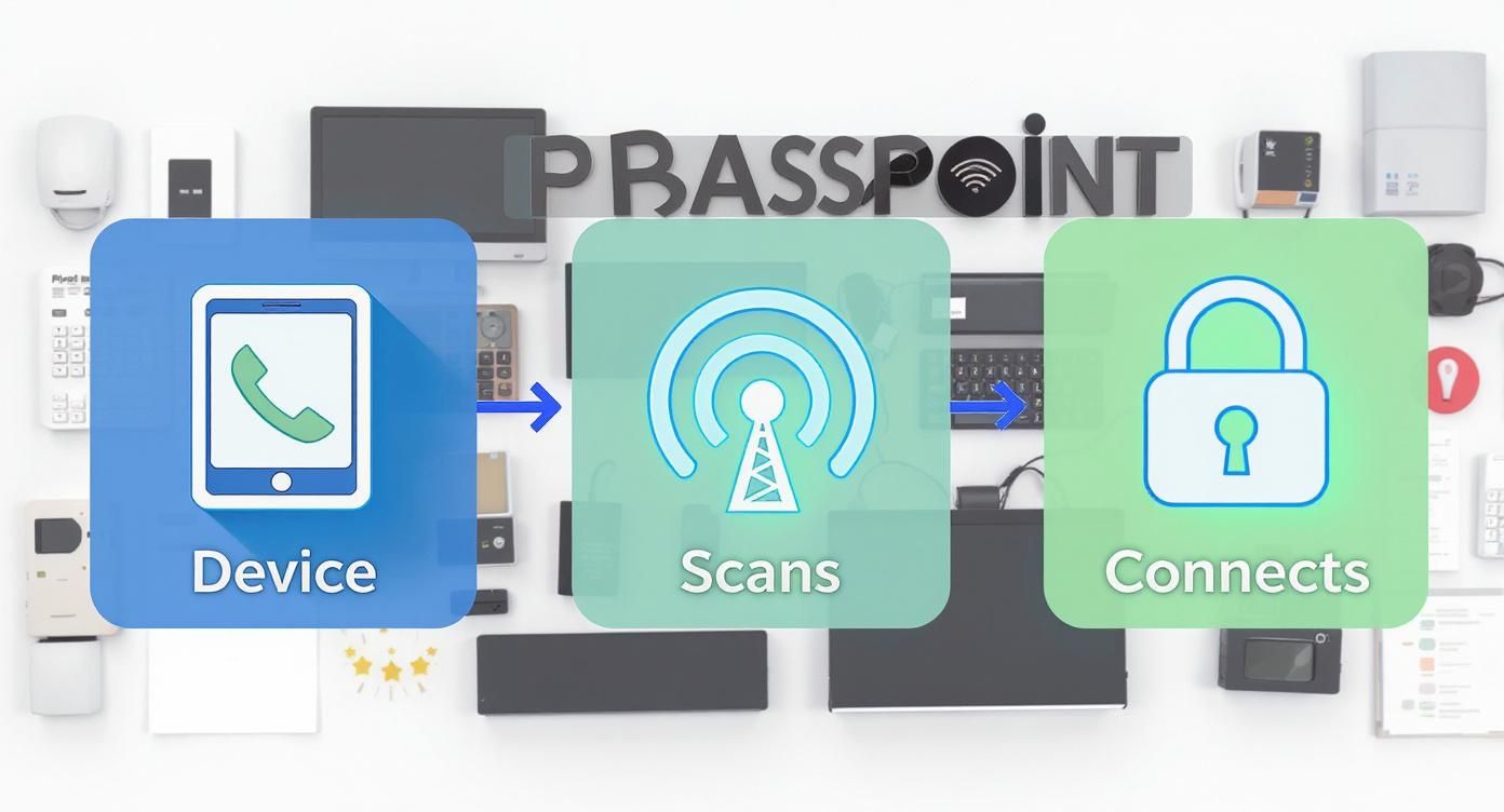 Infographic showing a device, scanning process, and secure connection, illustrating the Passpoint workflow for Wi-Fi.