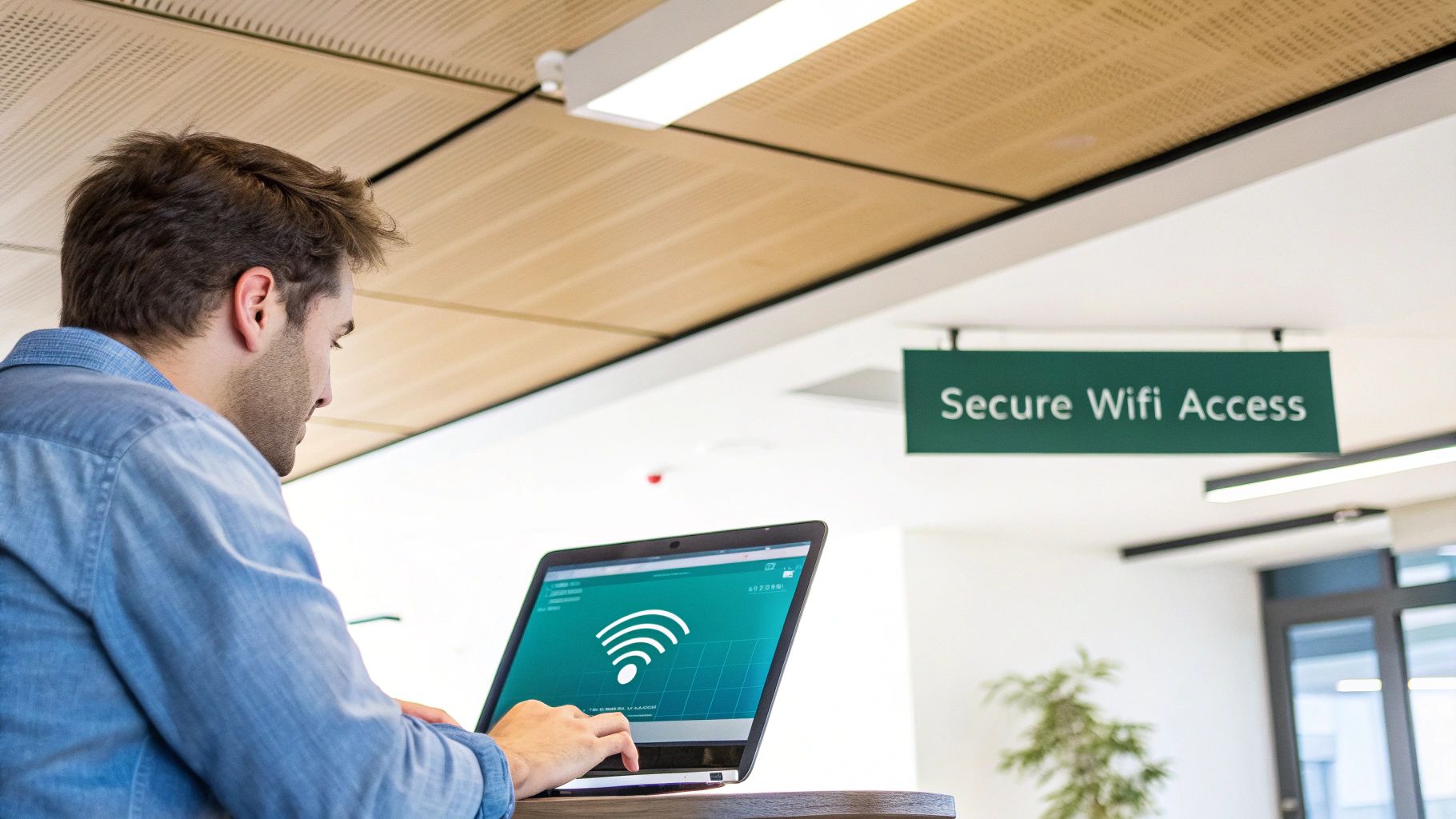 A man in a denim shirt types on a laptop displaying a WiFi symbol, under a "Secure Wifi Access" sign.