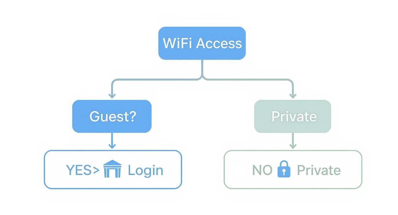 Flowchart diagram showing WiFi access decision tree between guest login and private secured network