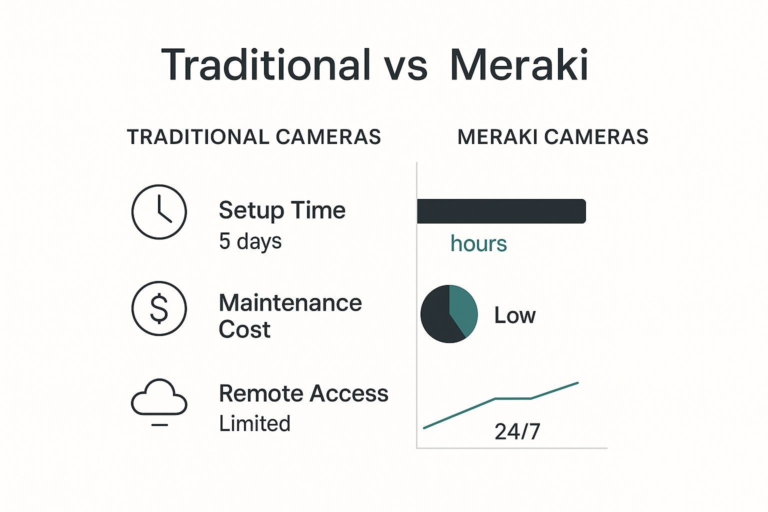 Infographic comparing traditional security cameras to Meraki cameras, showing Meraki has faster setup time, lower maintenance costs, and 24/7 remote access.