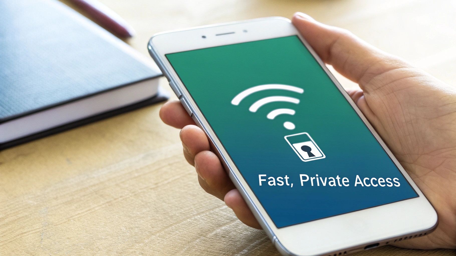 Hand holding a smartphone with a green and blue screen displaying a Wi-Fi icon, a lock symbol, and 'Fast, Private Access' text.