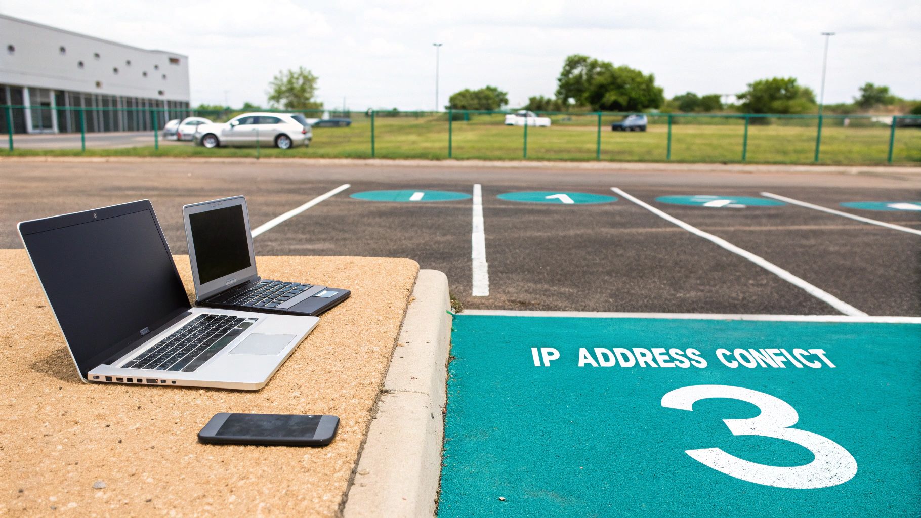 Two laptops and a smartphone on a ledge next to a parking spot marked 'IP Address Conflict 3'.