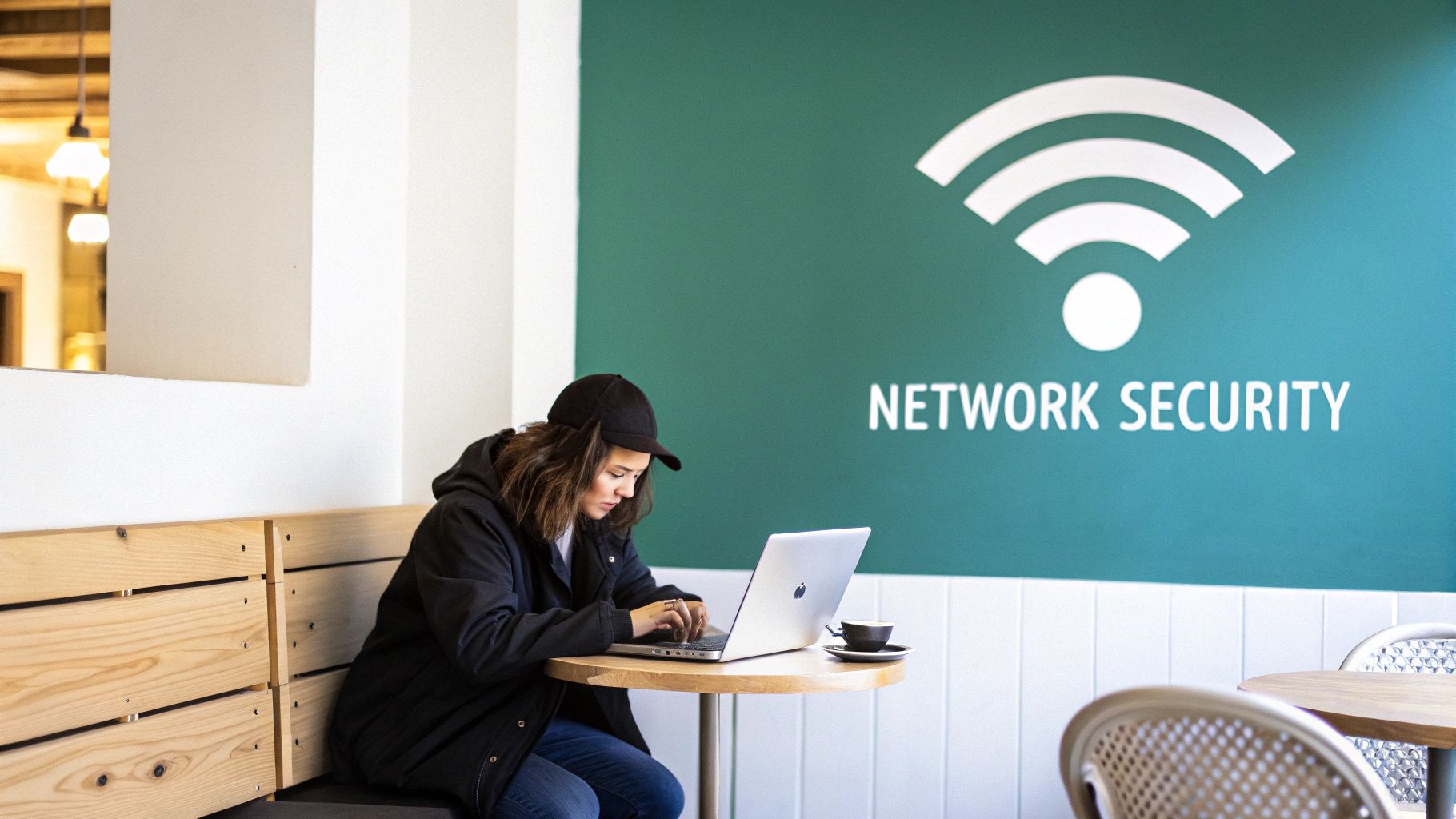 A woman types on a laptop at a cafe table with a large Wi-Fi and 'NETWORK SECURITY' sign.