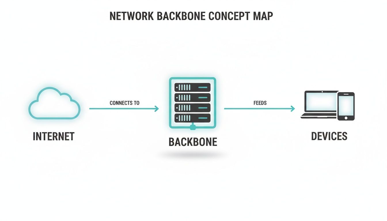 A network backbone concept map shows the internet connecting to a server backbone that feeds various devices.